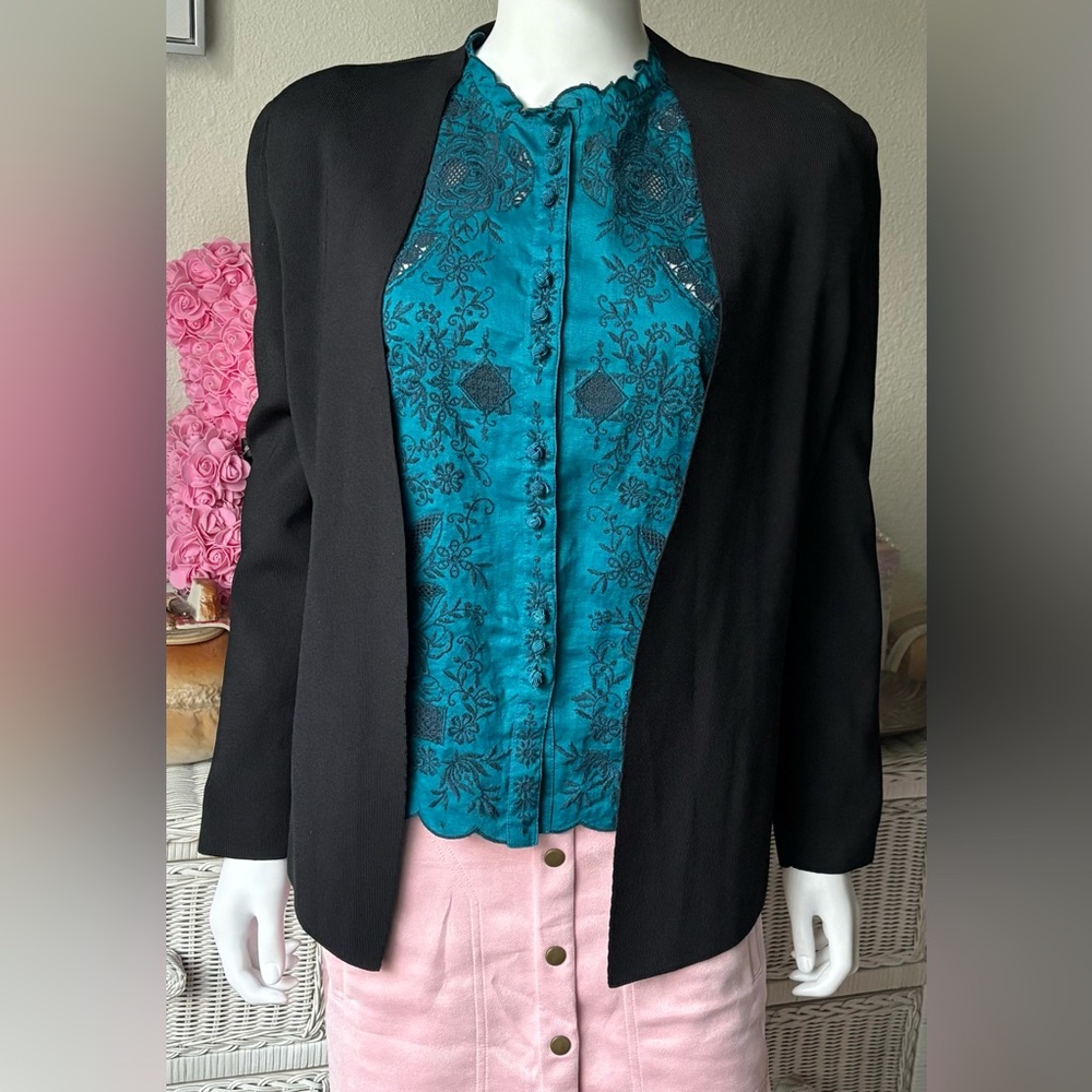 M.M. Lafleur Cardigan Sweater Buttonless Open Front Black Ribbed Knit Size XL